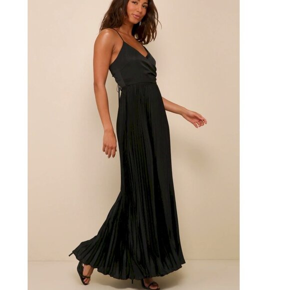 Precious Sentiments Black Satin Pleated Tie-Back Maxi Dress Size Medium NWOT - Picture 5 of 7